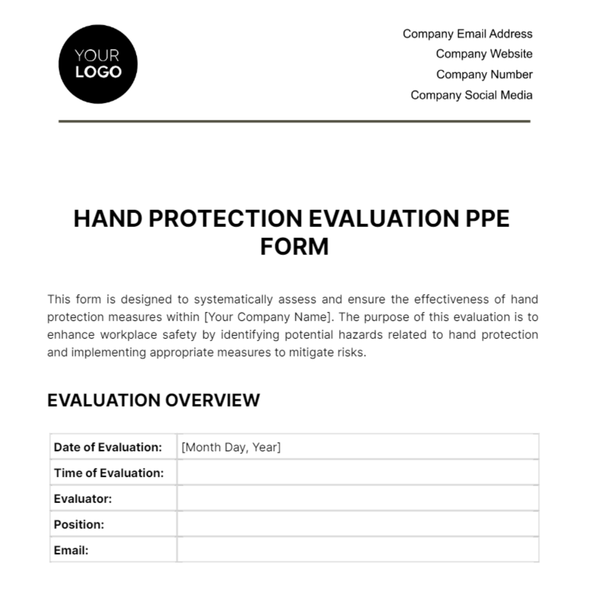 Free Hand Protection Evaluation PPE Form Template