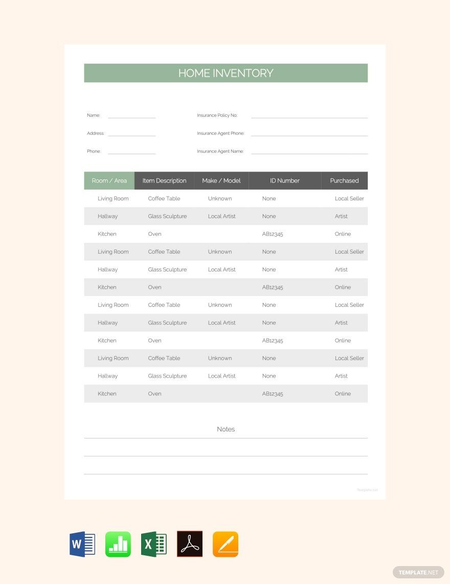 Home Inventory Sheet Template