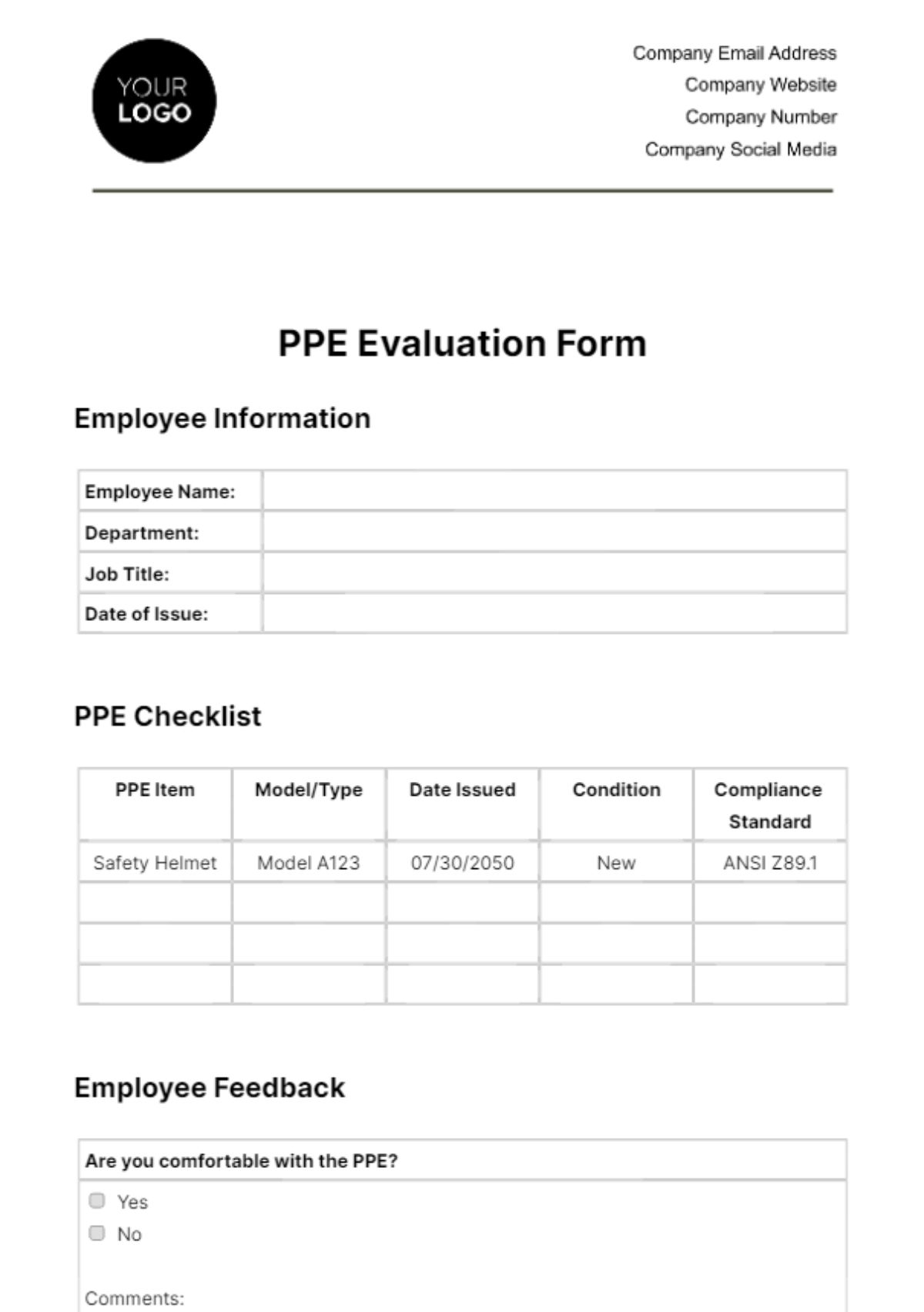 PPE Evaluation Form Template