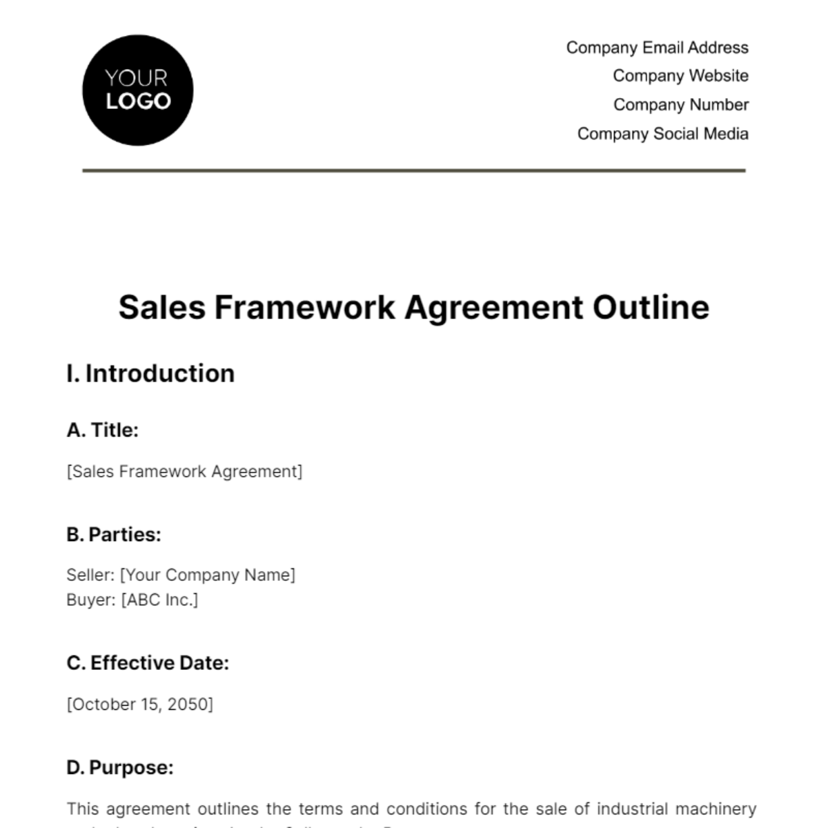 Free Sales Framework Agreement Outline Template