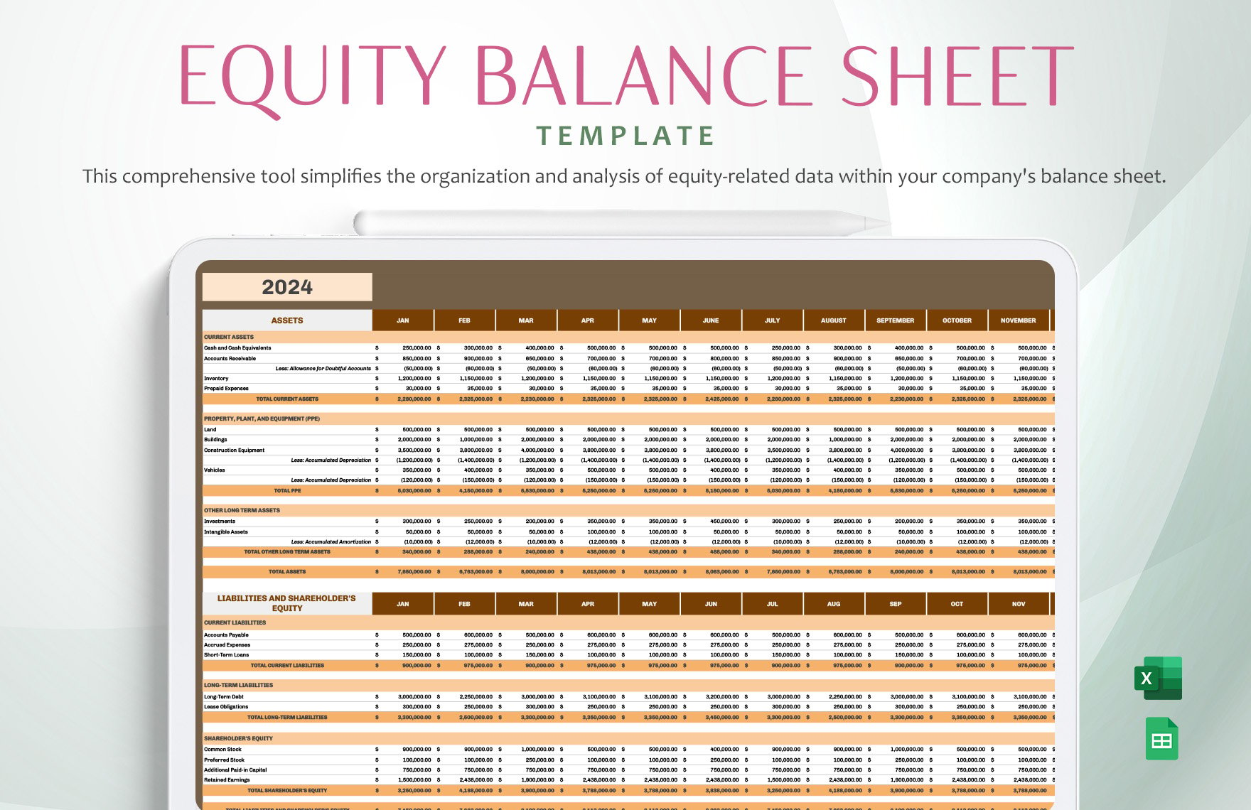 Equity Balance Sheet Template in Excel, Google Sheets