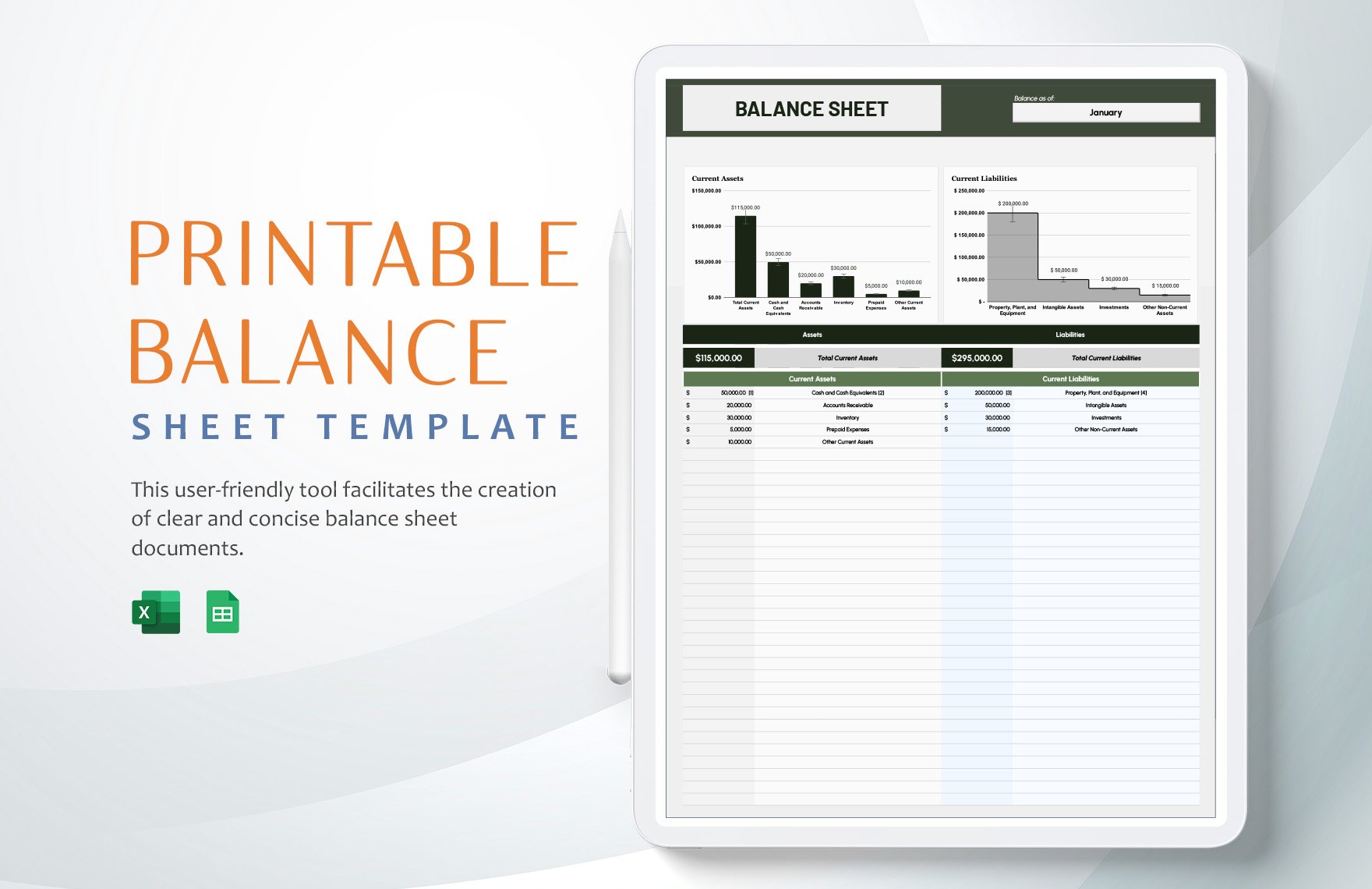 Printable Balance Sheet Template in Excel, Google Sheets