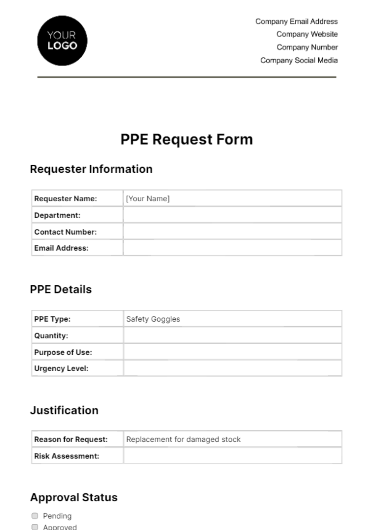 Free PPE Request Form Template