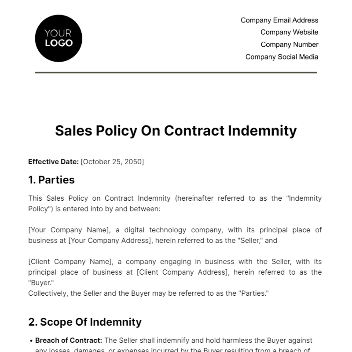 Free Sales Policy on Contract Indemnity Template
