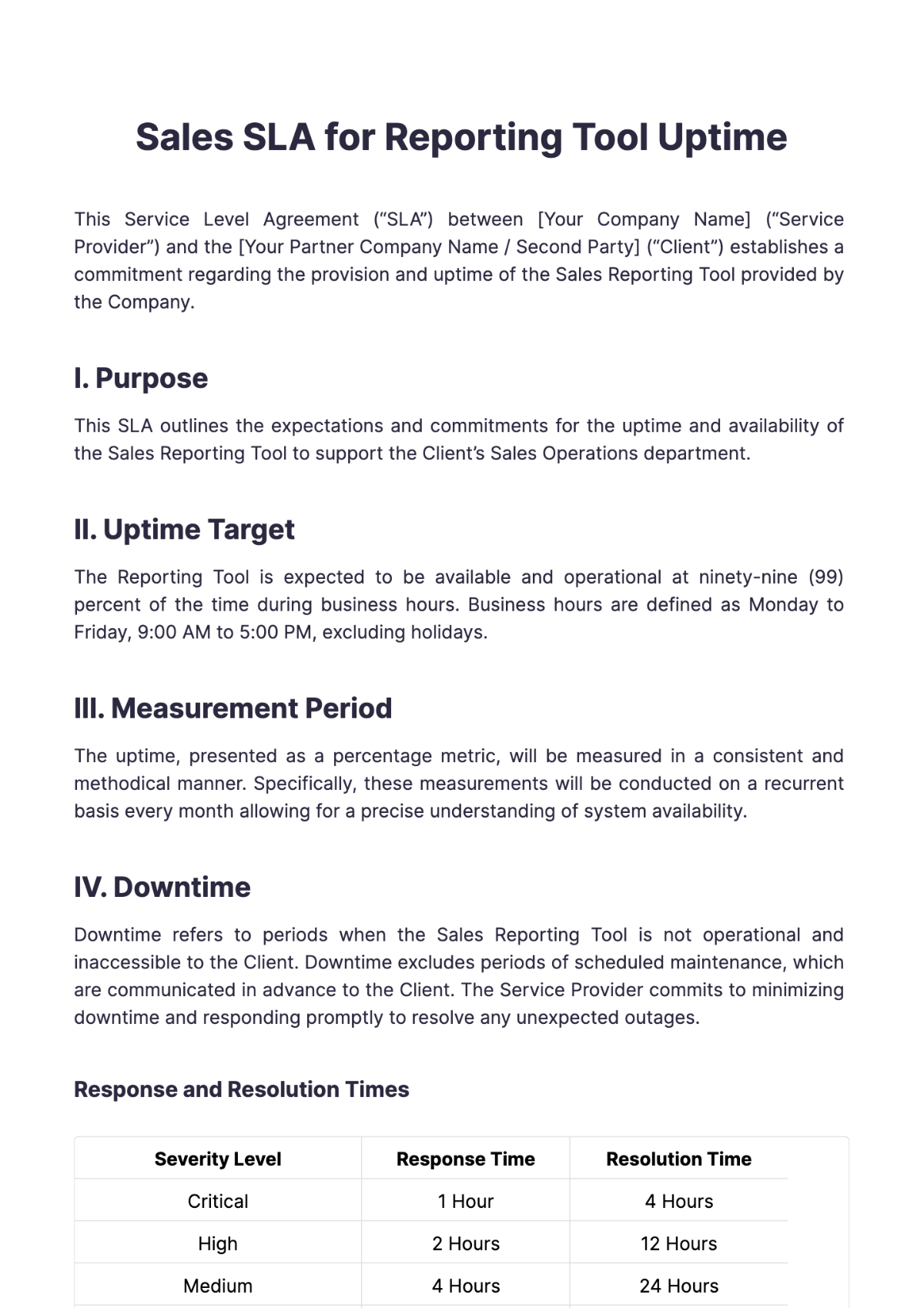 Sales SLA for Reporting Tool Uptime Template - Edit Online & Download