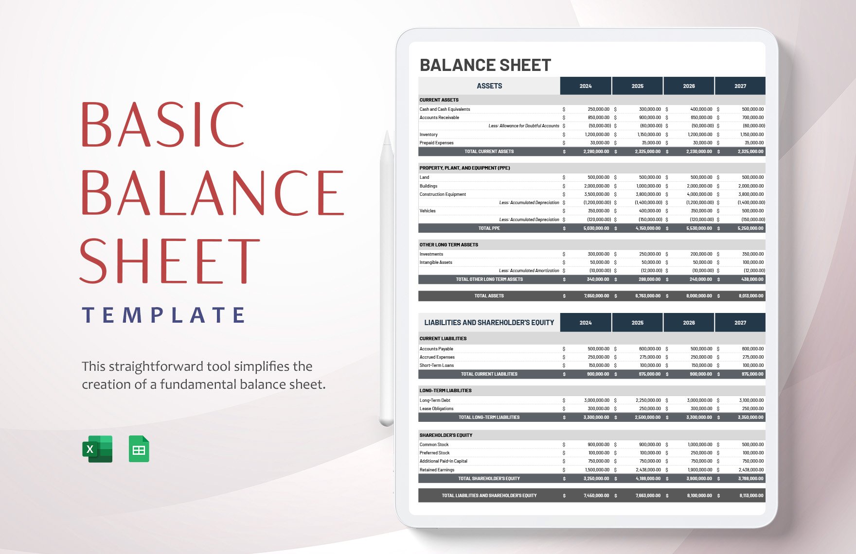 Basic Balance Sheet Template in Excel, Google Sheets