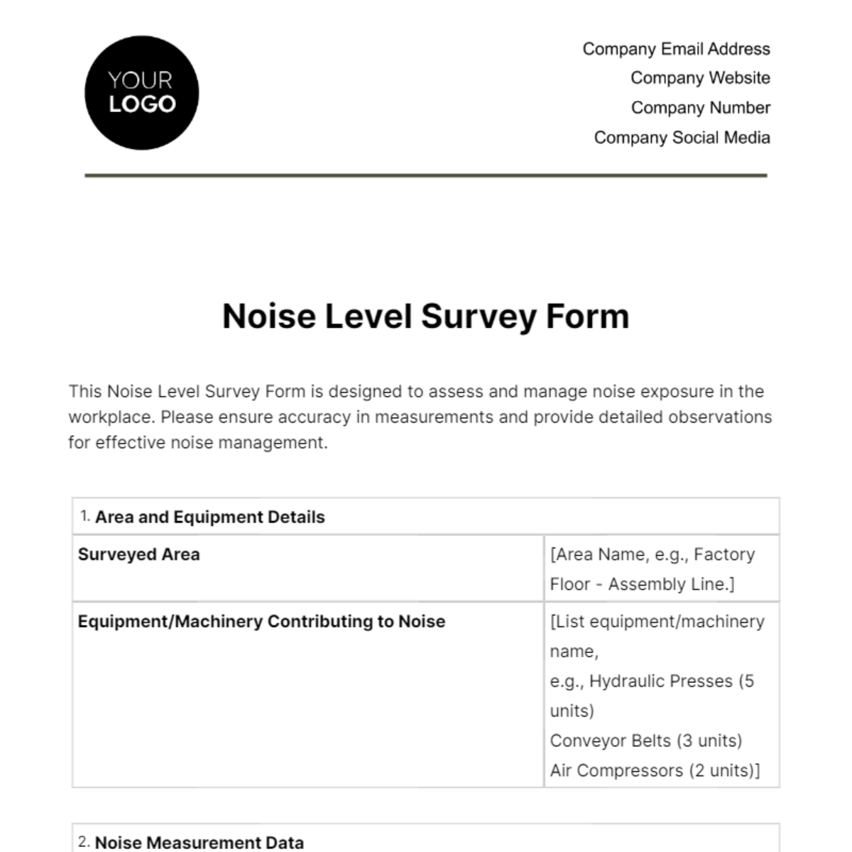Noise Level Survey Form Template