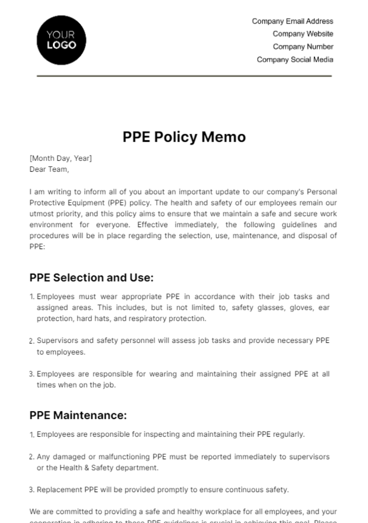 PPE Policy Memo Template
