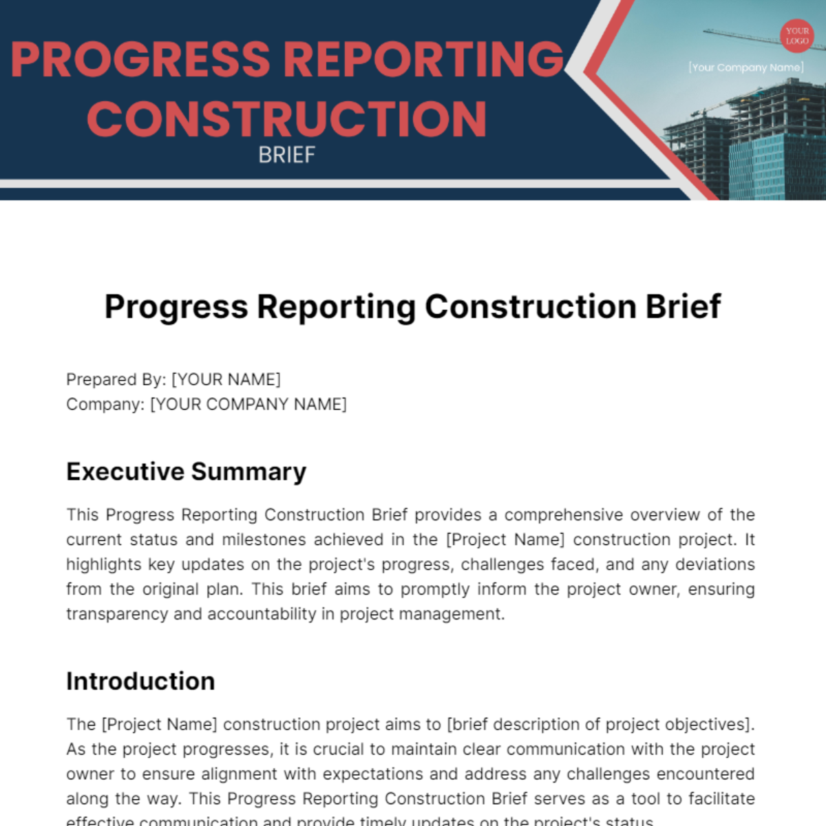 Progress Reporting Construction Brief Template