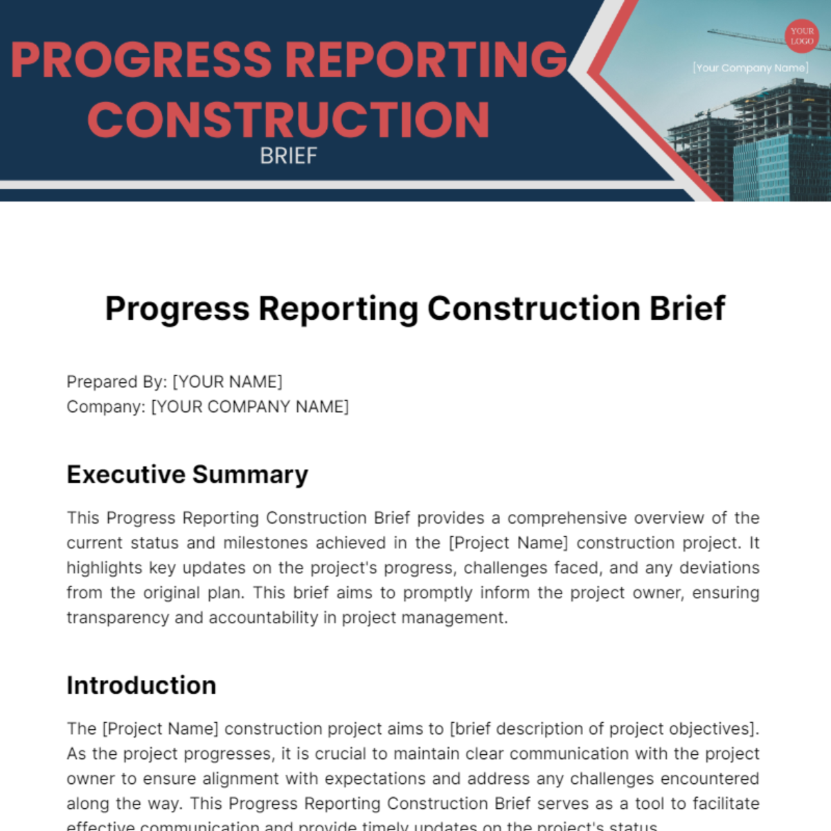 Progress Reporting Construction Brief Template - Edit Online & Download