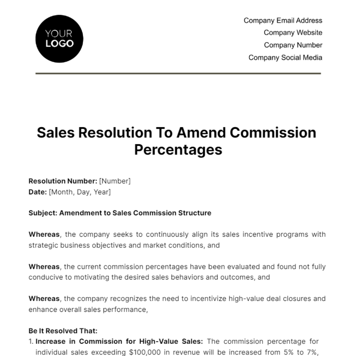 Sales Resolution to Amend Commission Percentages Template - Edit Online & Download