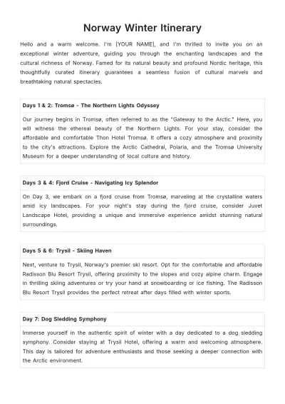 Free Norway Winter Itinerary Template to Edit Online