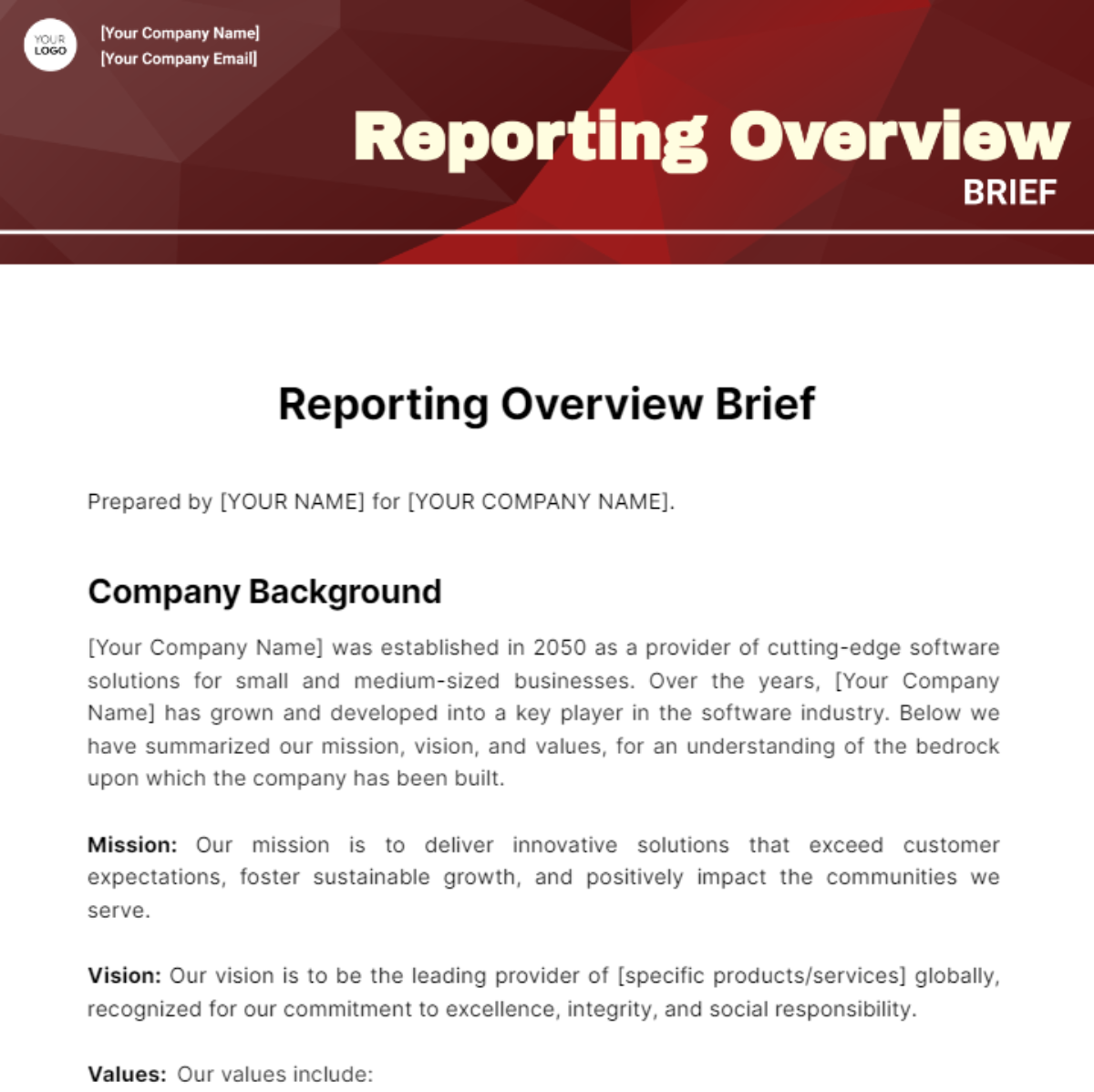 Reporting Overview Brief Template