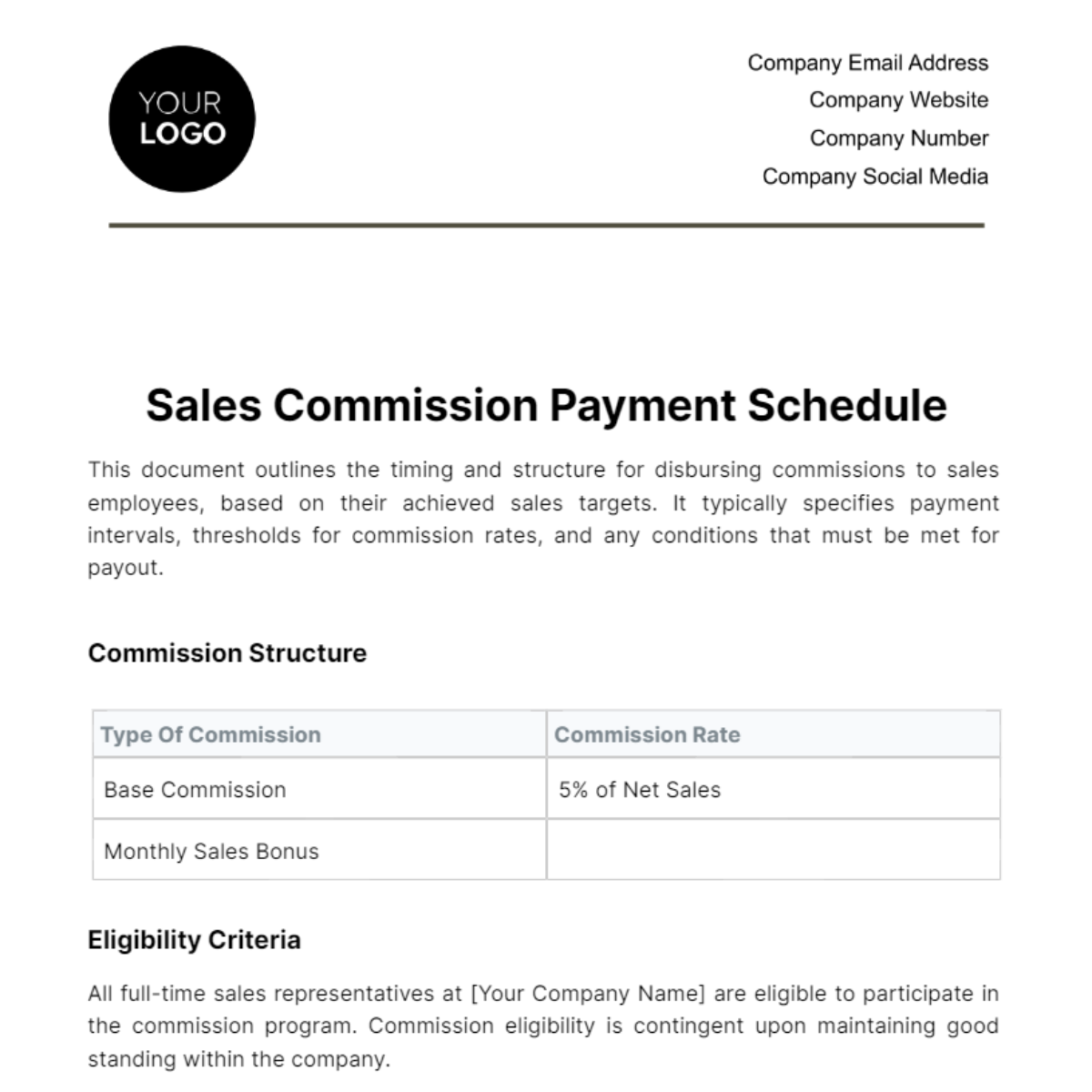 Sales Commission Payment Schedule Template