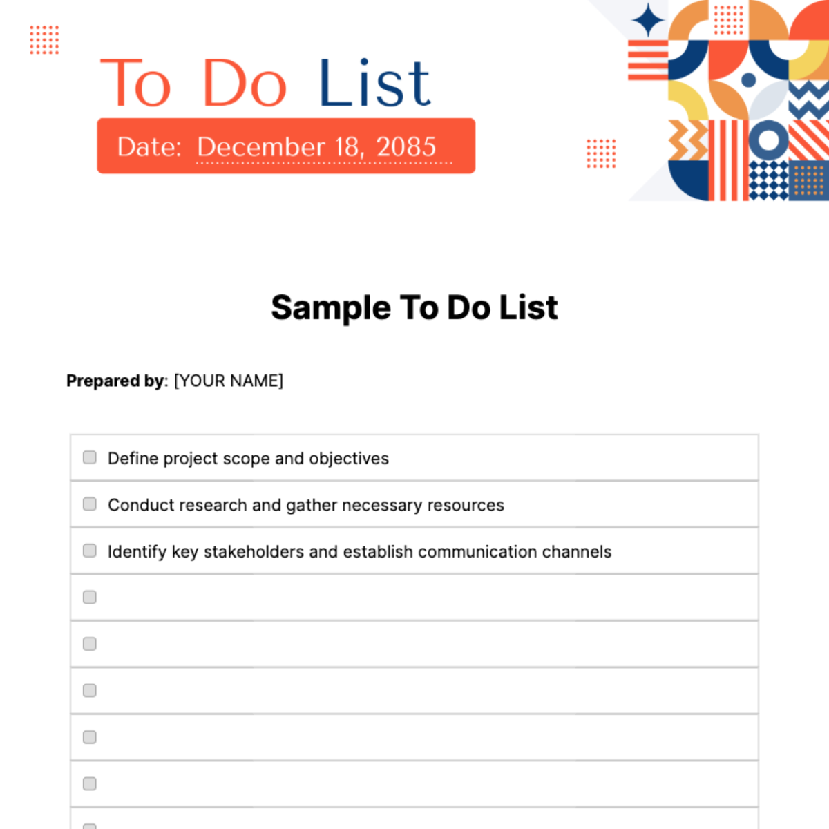 Free Sample To Do List Template