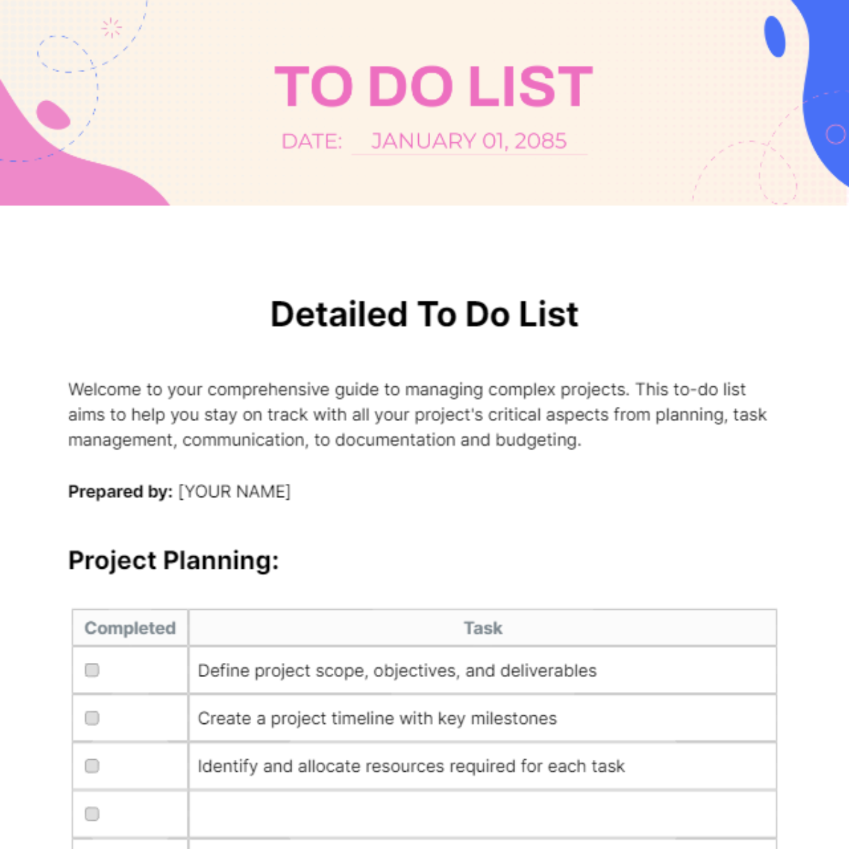 Free Detailed To Do List Template