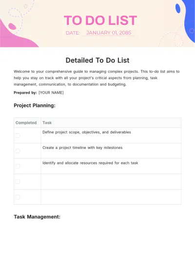 Free Detailed To Do List Template to Edit Online