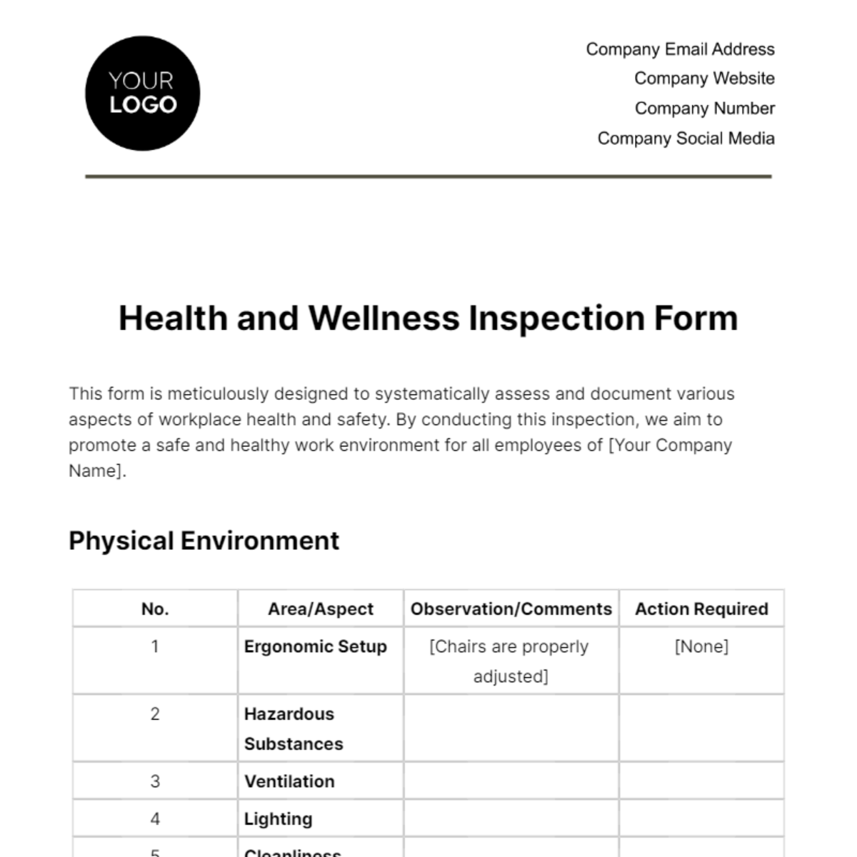 Health and Wellness Inspection Form Template