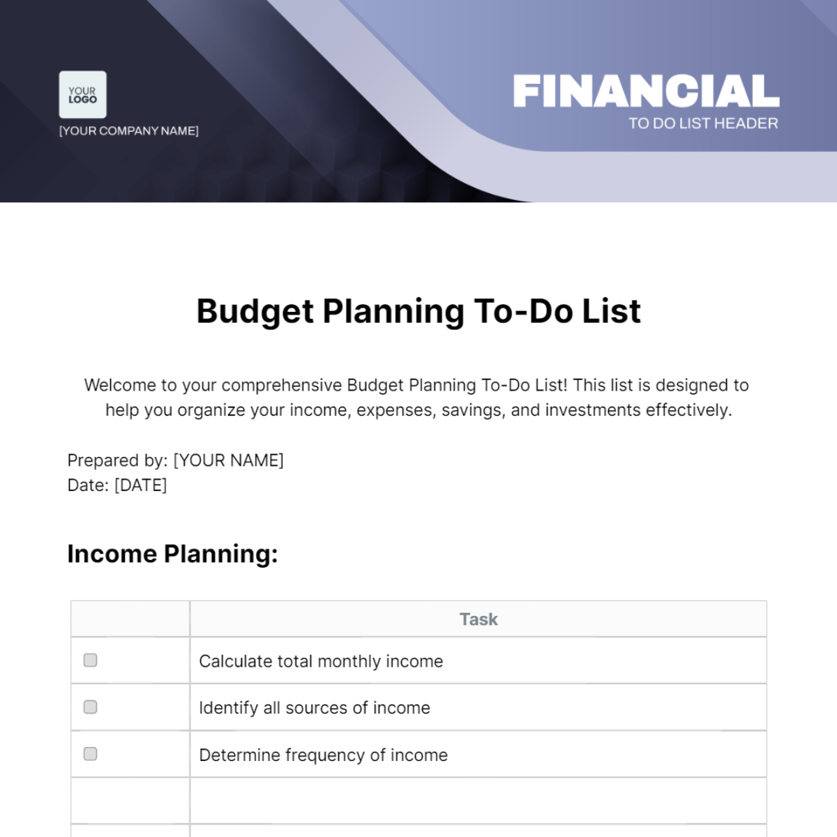 Free Budget Planning To Do List Template