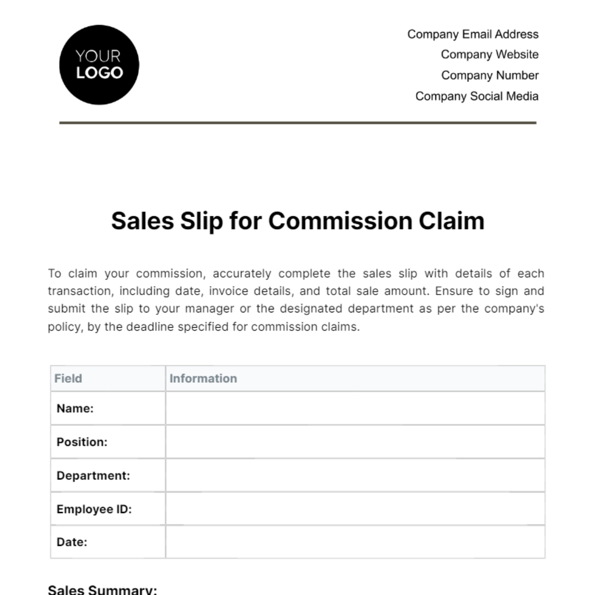 Sales Slip for Commission Claim Template