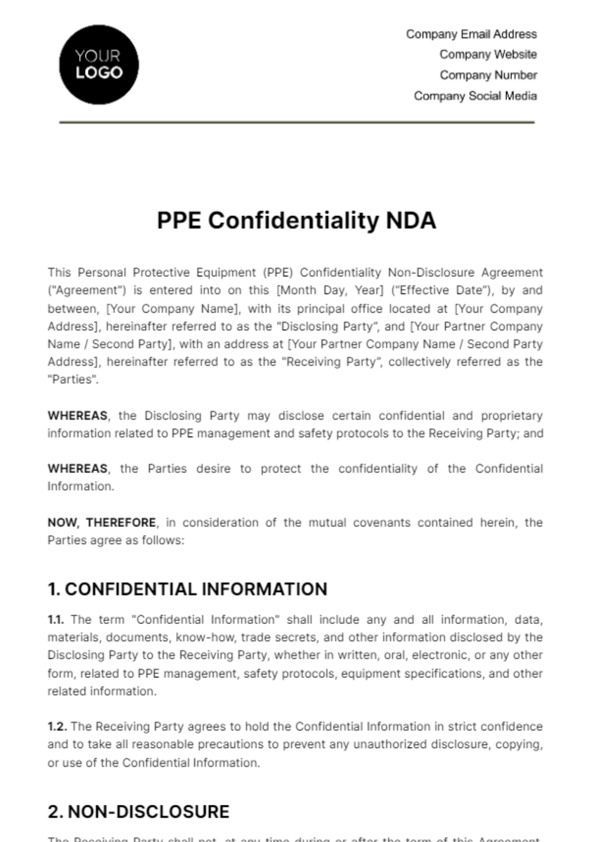PPE Confidentiality NDA Template
