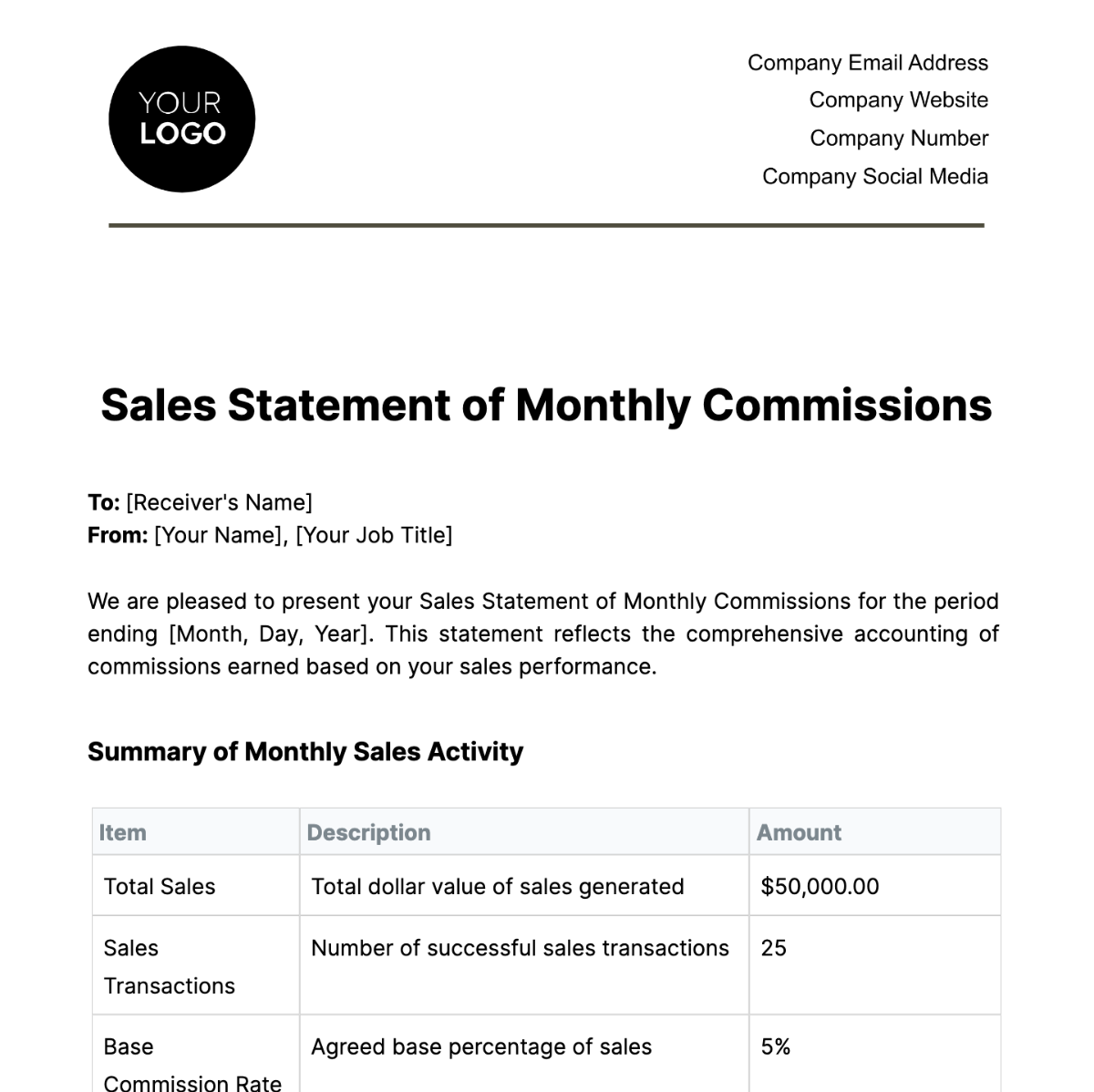 Sales Statement of Monthly Commissions Template