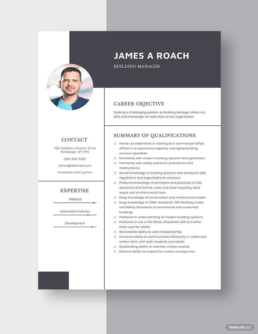Building Manager Resume in Word, Apple Pages