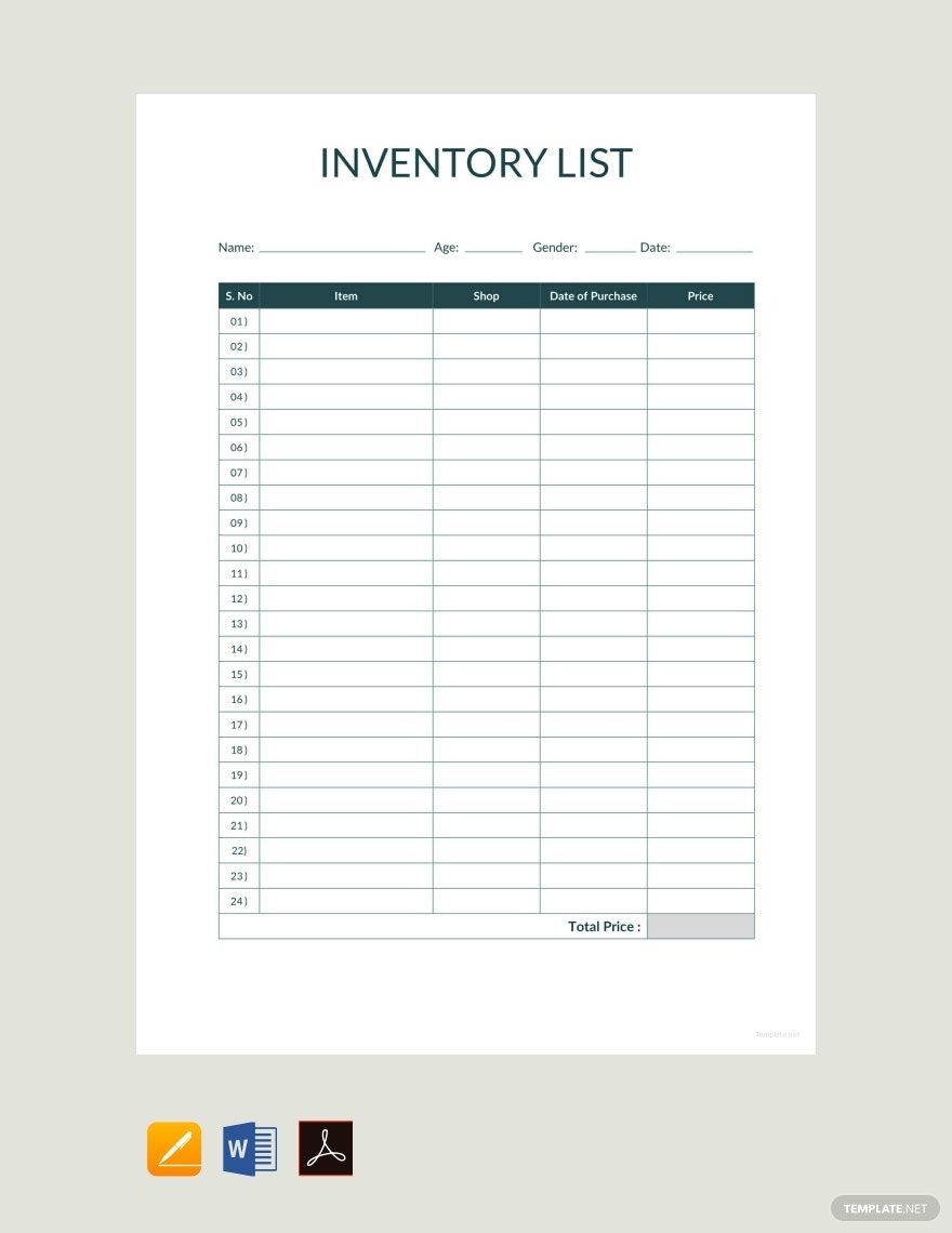 Inventory List Excel Template