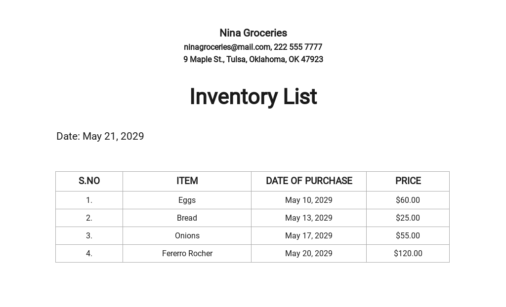 Free Sample Inventory List Template - Google Docs, Google Sheets, Excel ...
