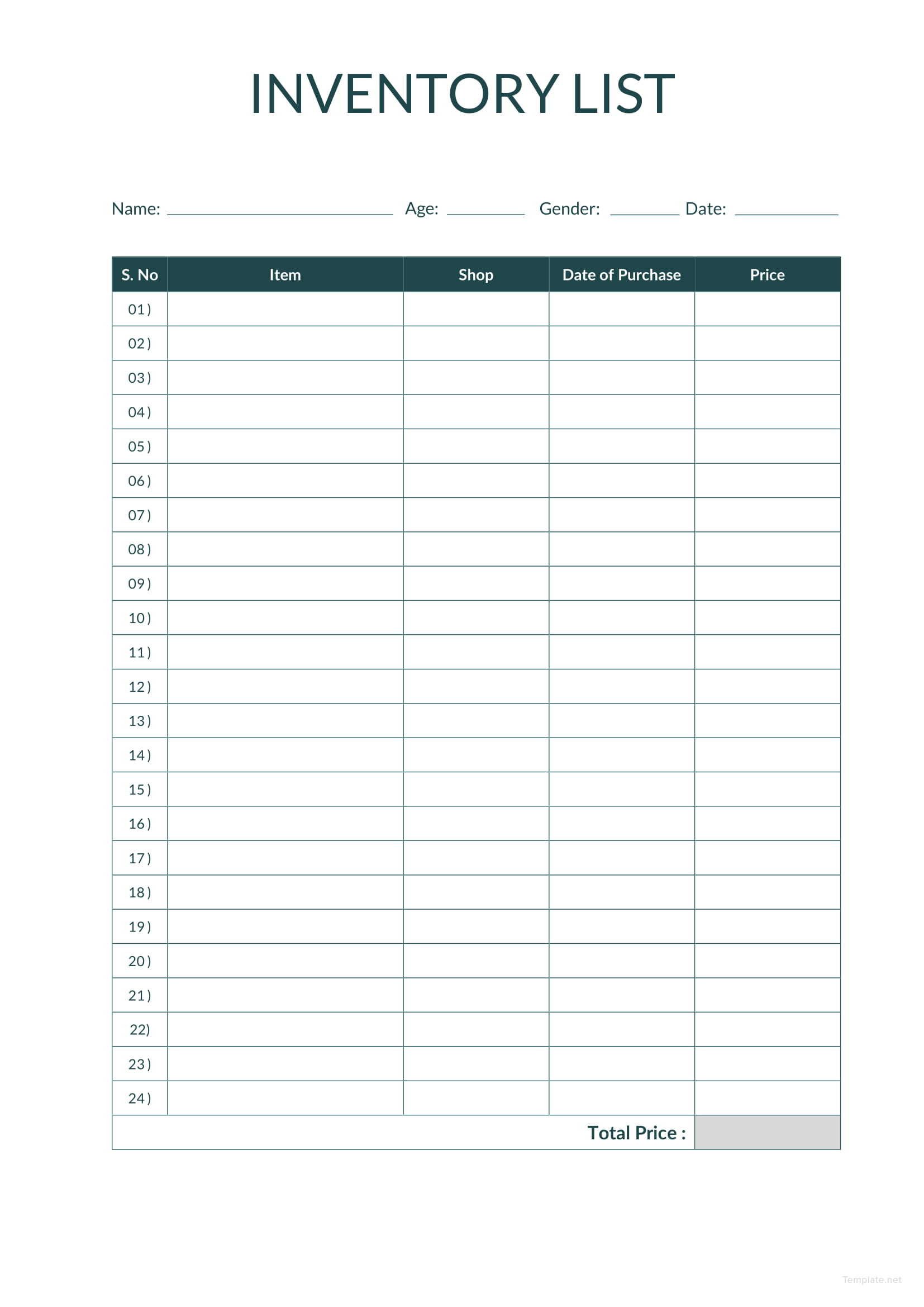 Sample Inventory List Template in Microsoft Word