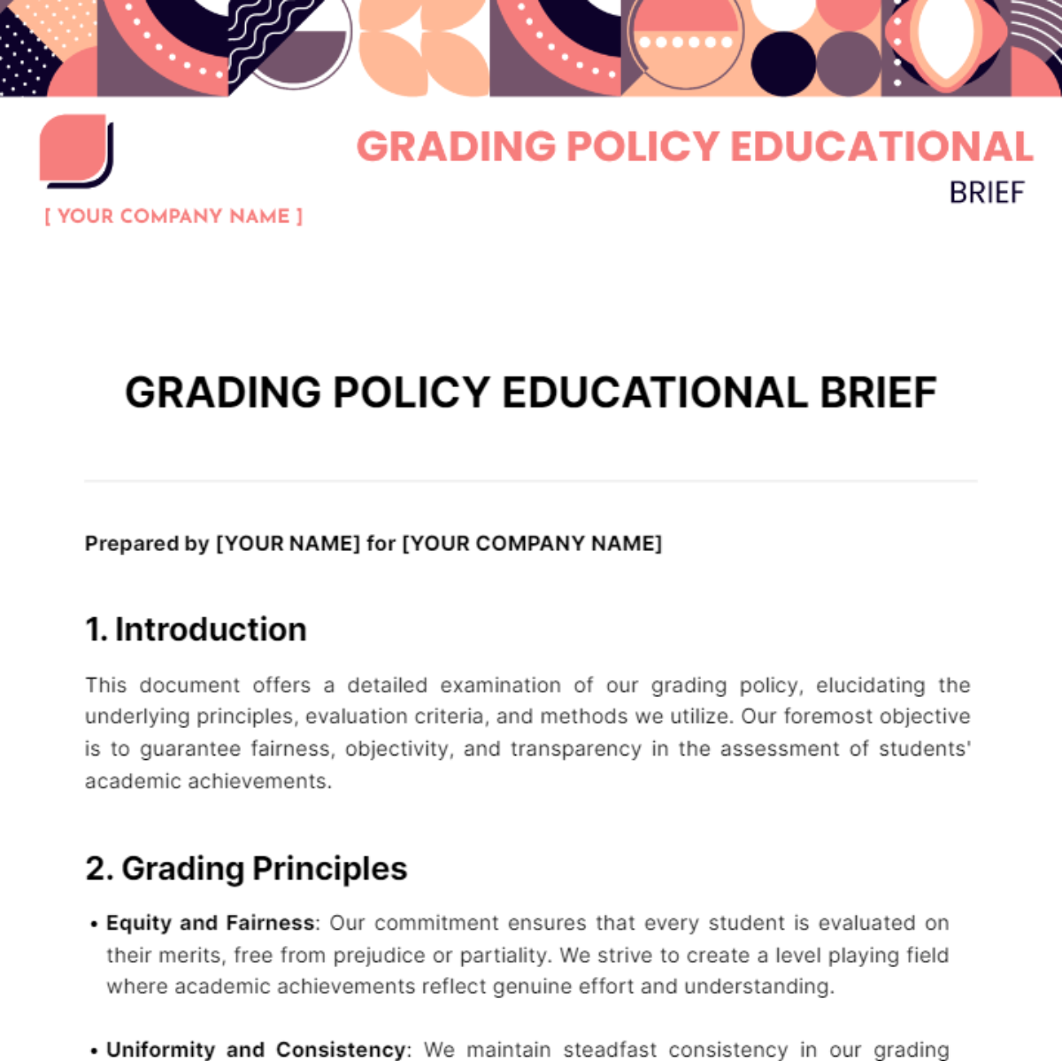 Free Grading Policy Educational Brief Template