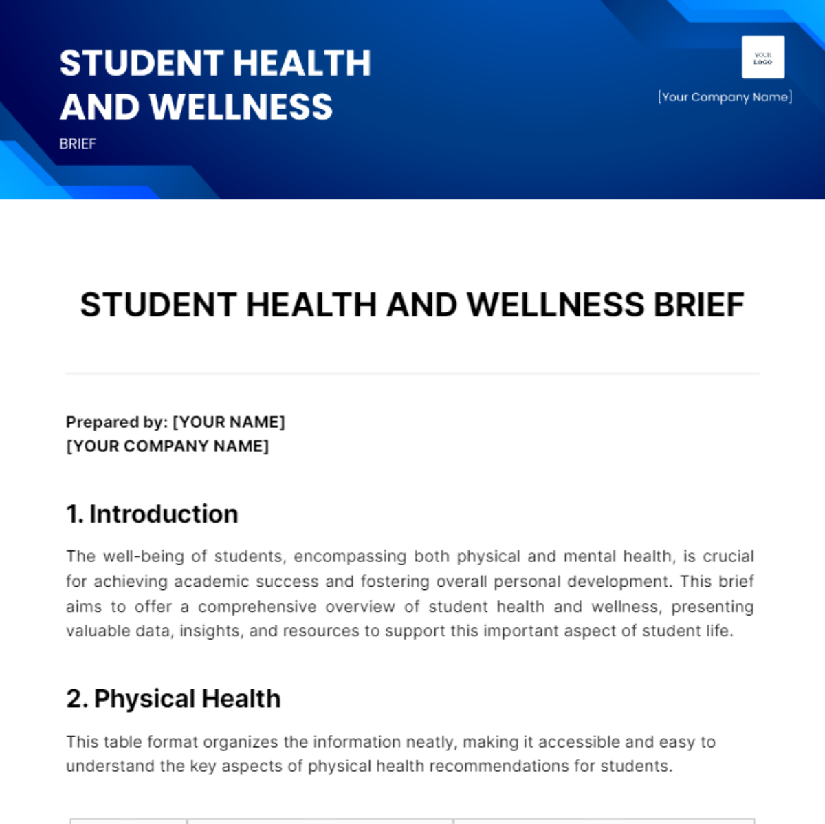 Student Health and Wellness Brief Template