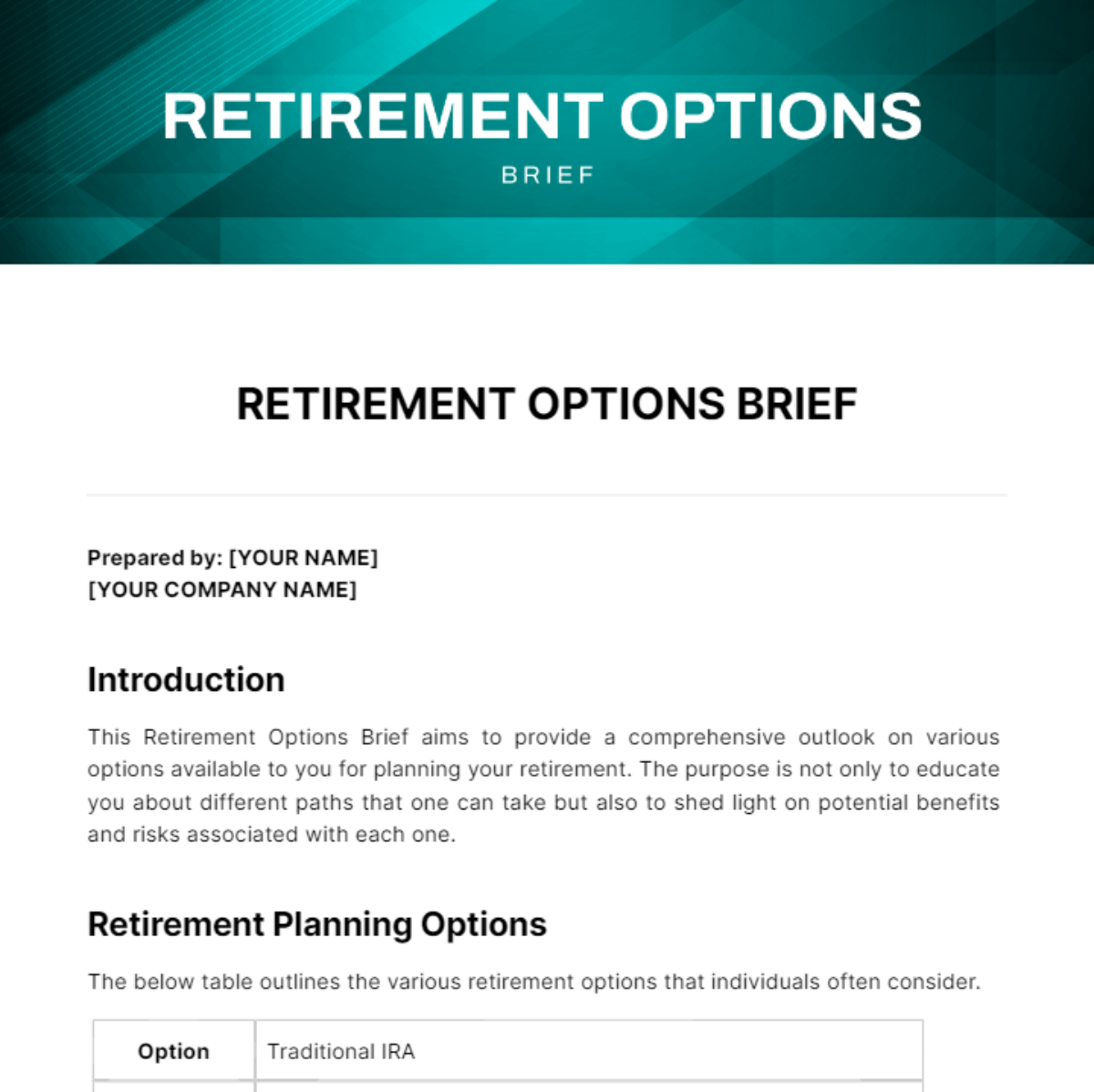 Retirement  Options Brief Template