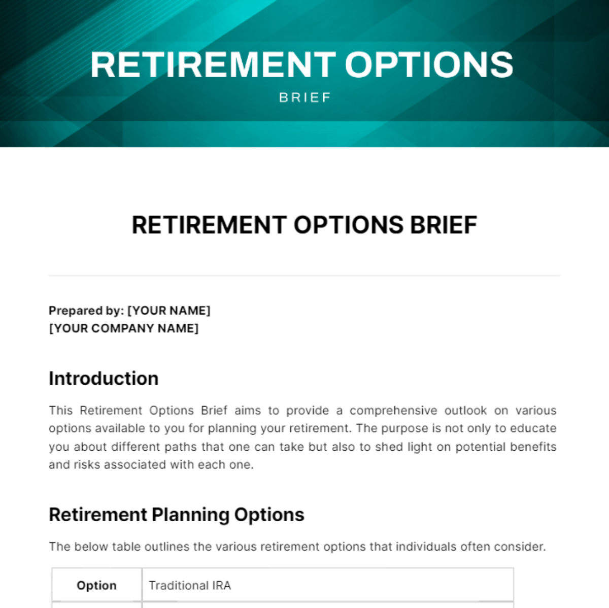 Retirement  Options Brief Template - Edit Online & Download