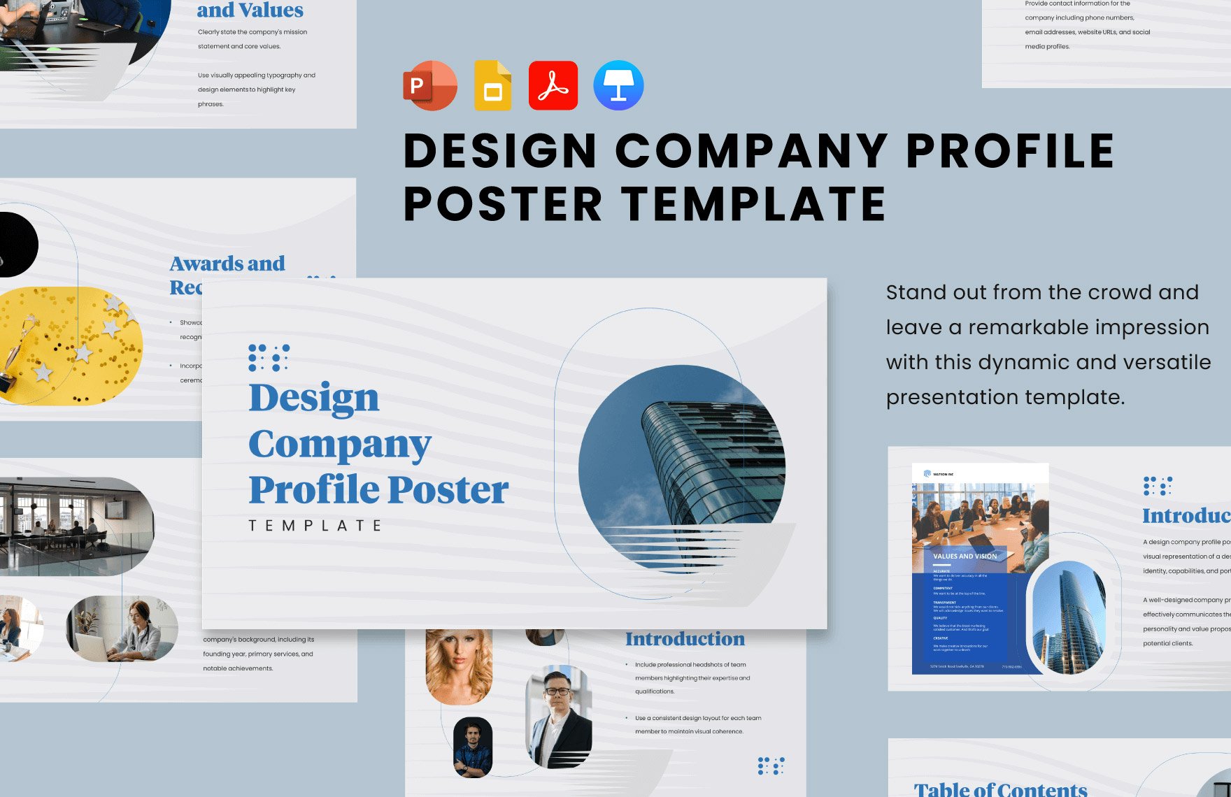 Design Company Profile Poster Template in PDF, PowerPoint, Google Slides, Apple Keynote