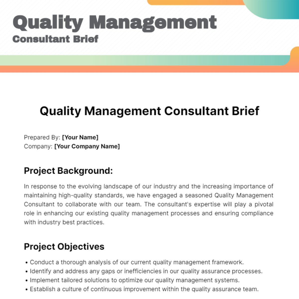 Quality Management Consultant Brief Template