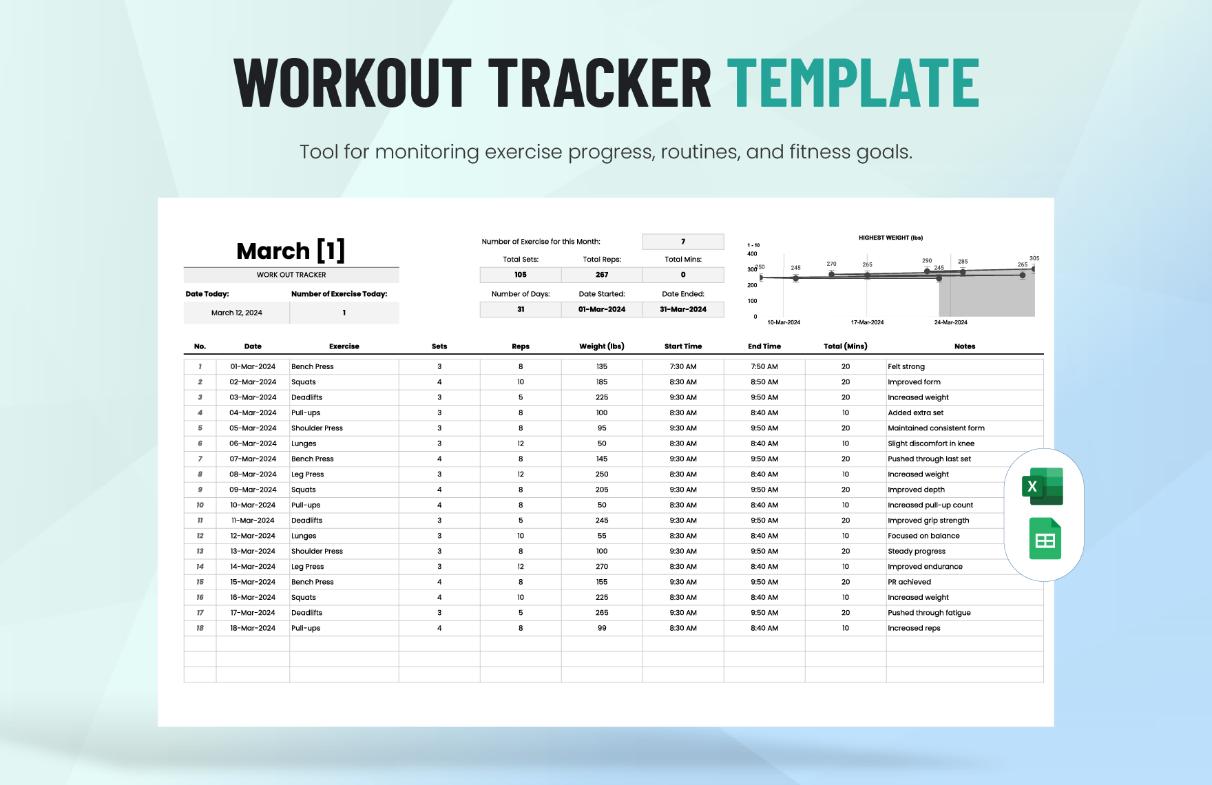 Workout Tracker Template in Excel, Google Sheets