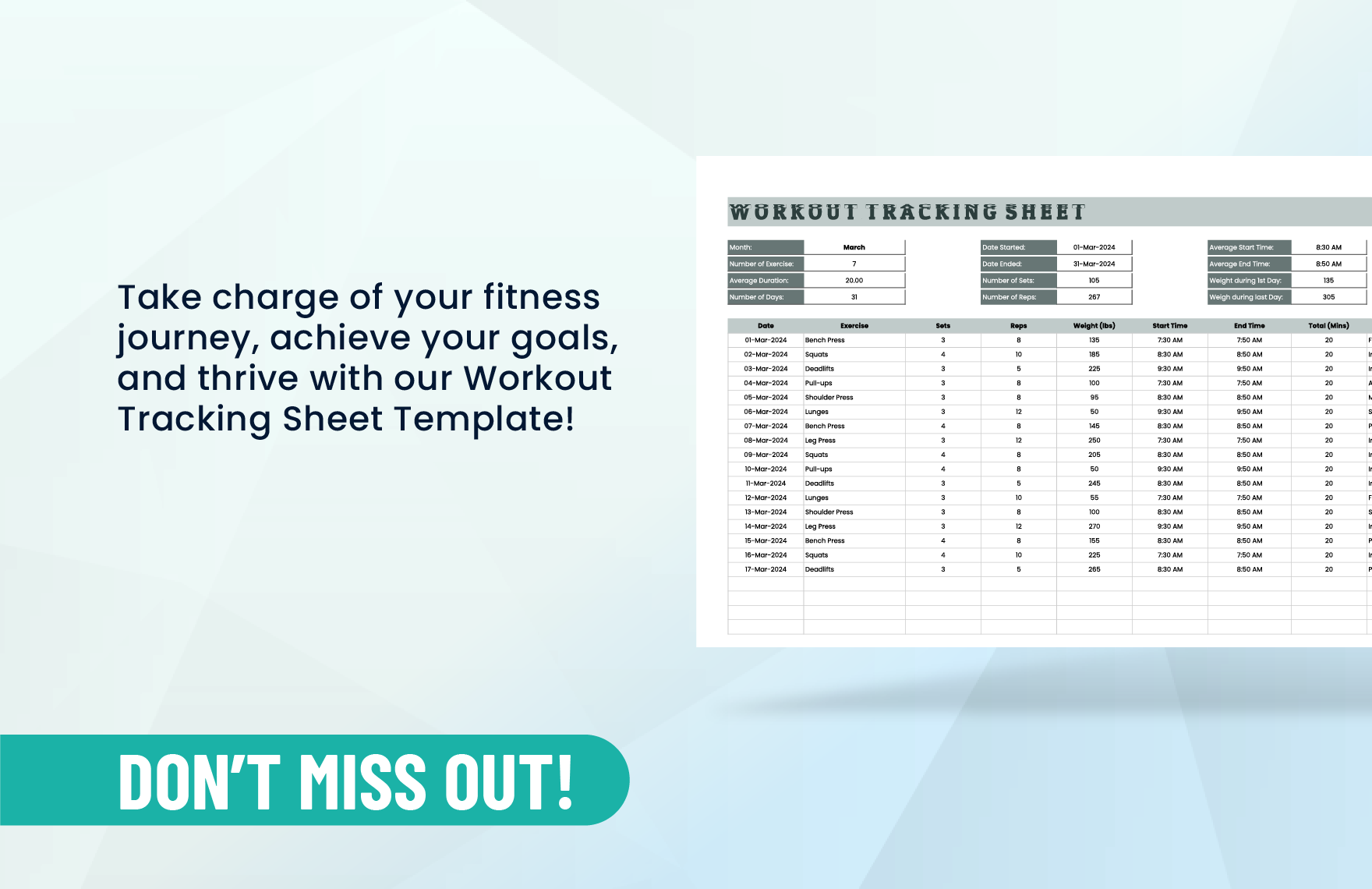 Workout Tracking Sheet Template