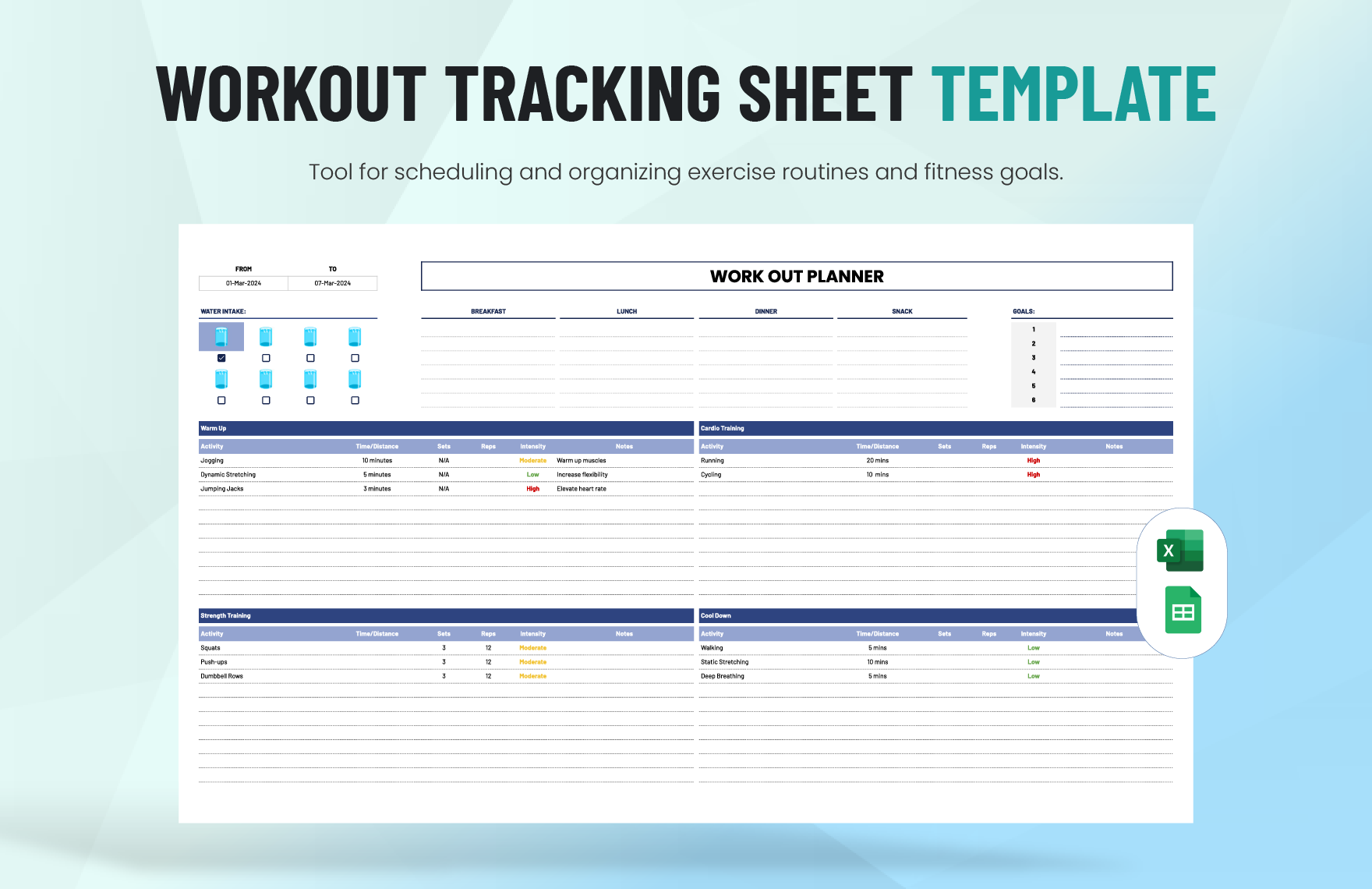 Workout Planner Template in Excel, Google Sheets