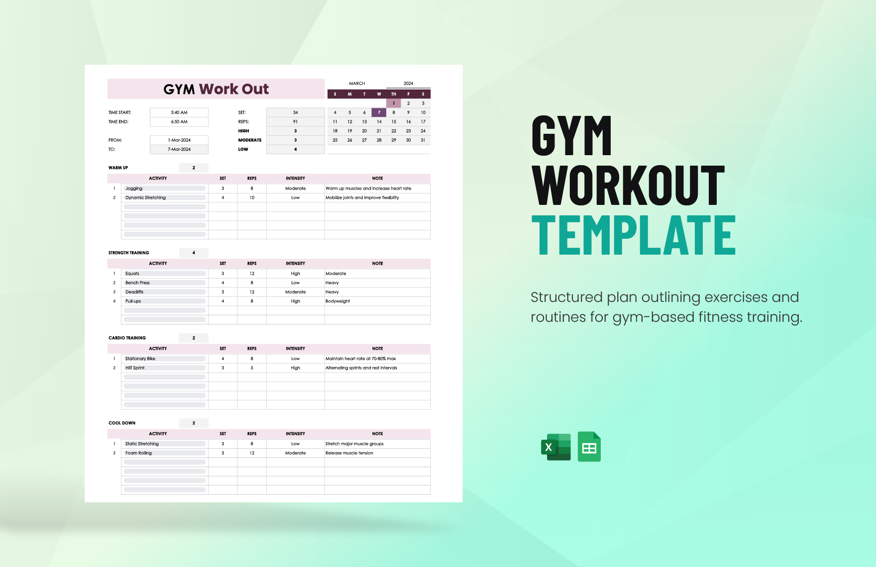 Gym Workout Template in Excel, Google Sheets