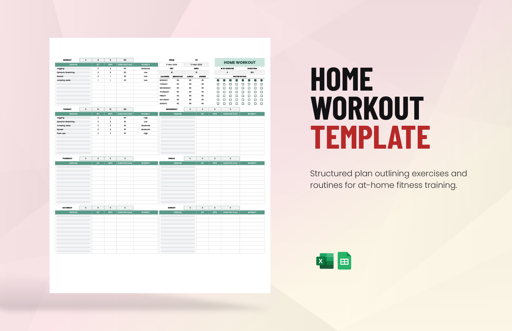 Home Workout Template in Excel, Google Sheets