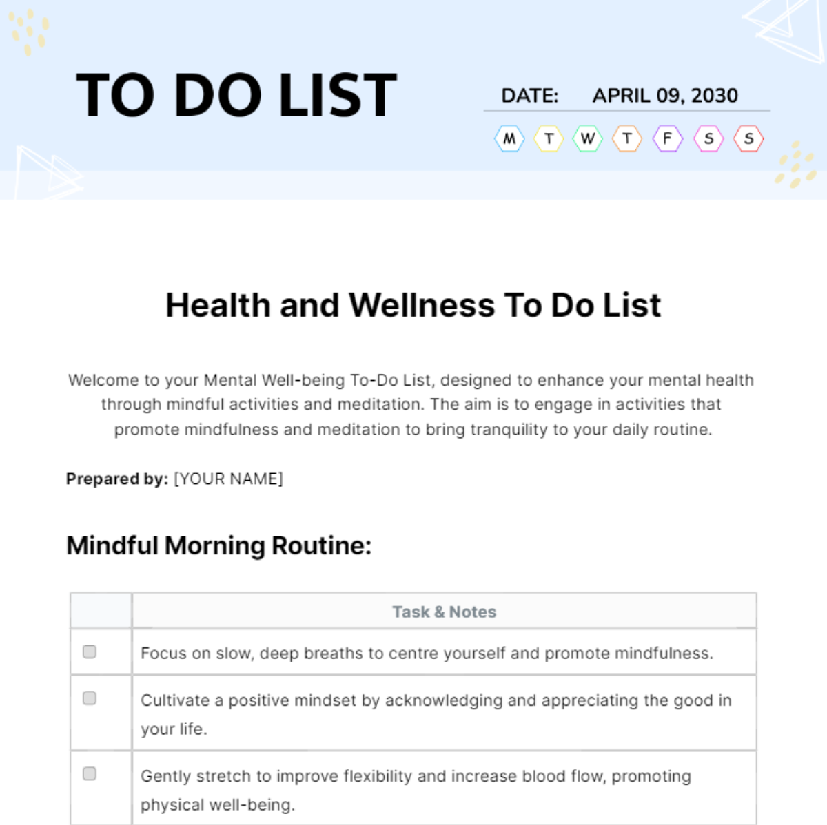 Health and Wellness To Do List Template