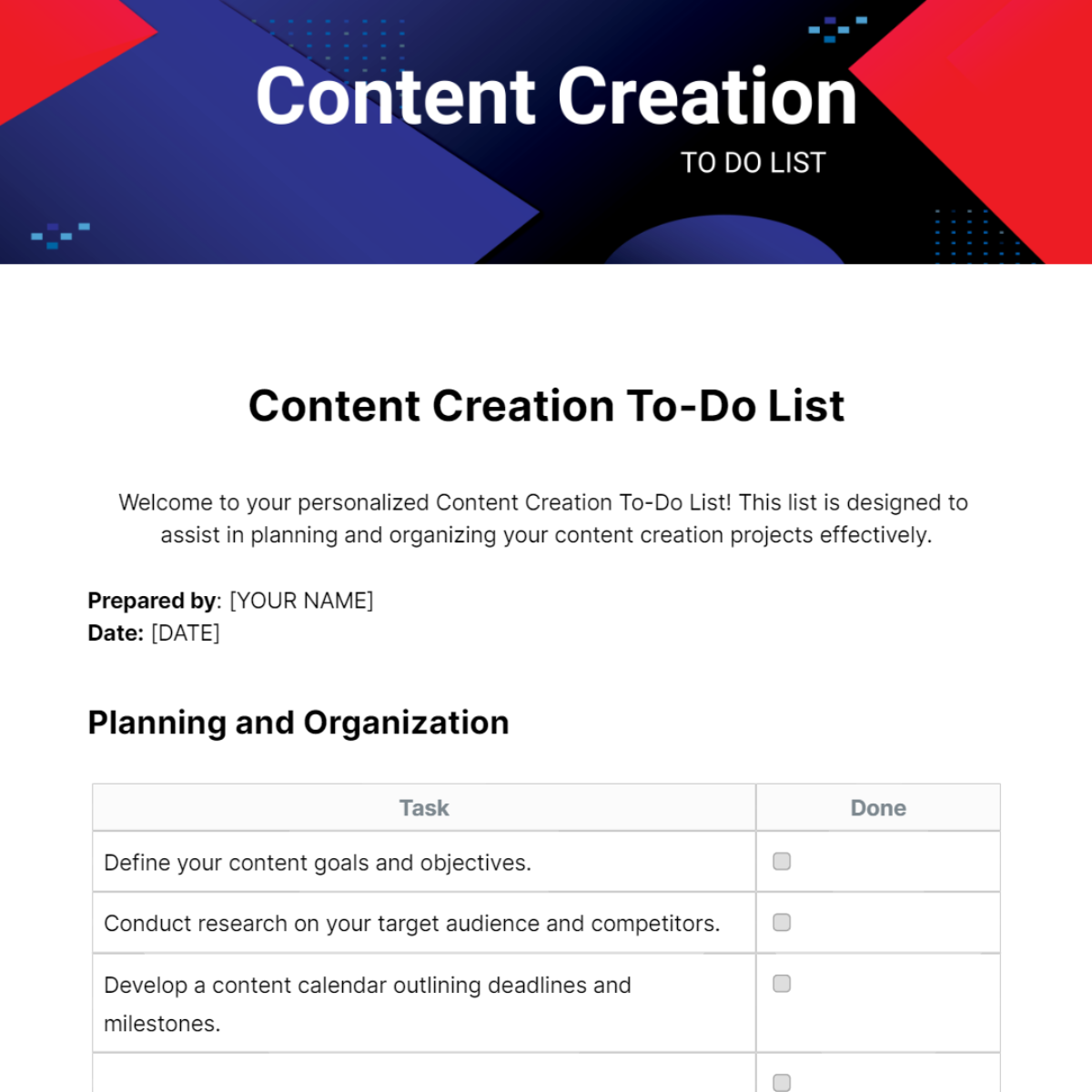 Free Content Creation To Do List Template