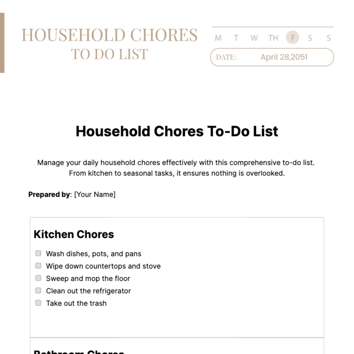 Household Chores To Do List Template