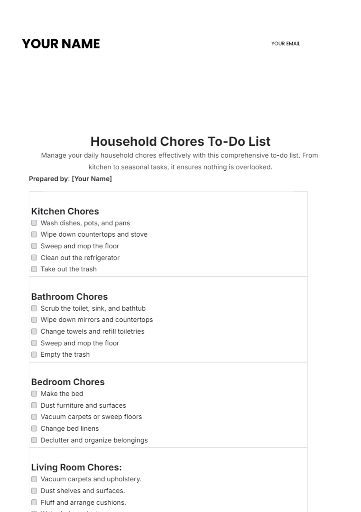 Household Chores To Do List Template