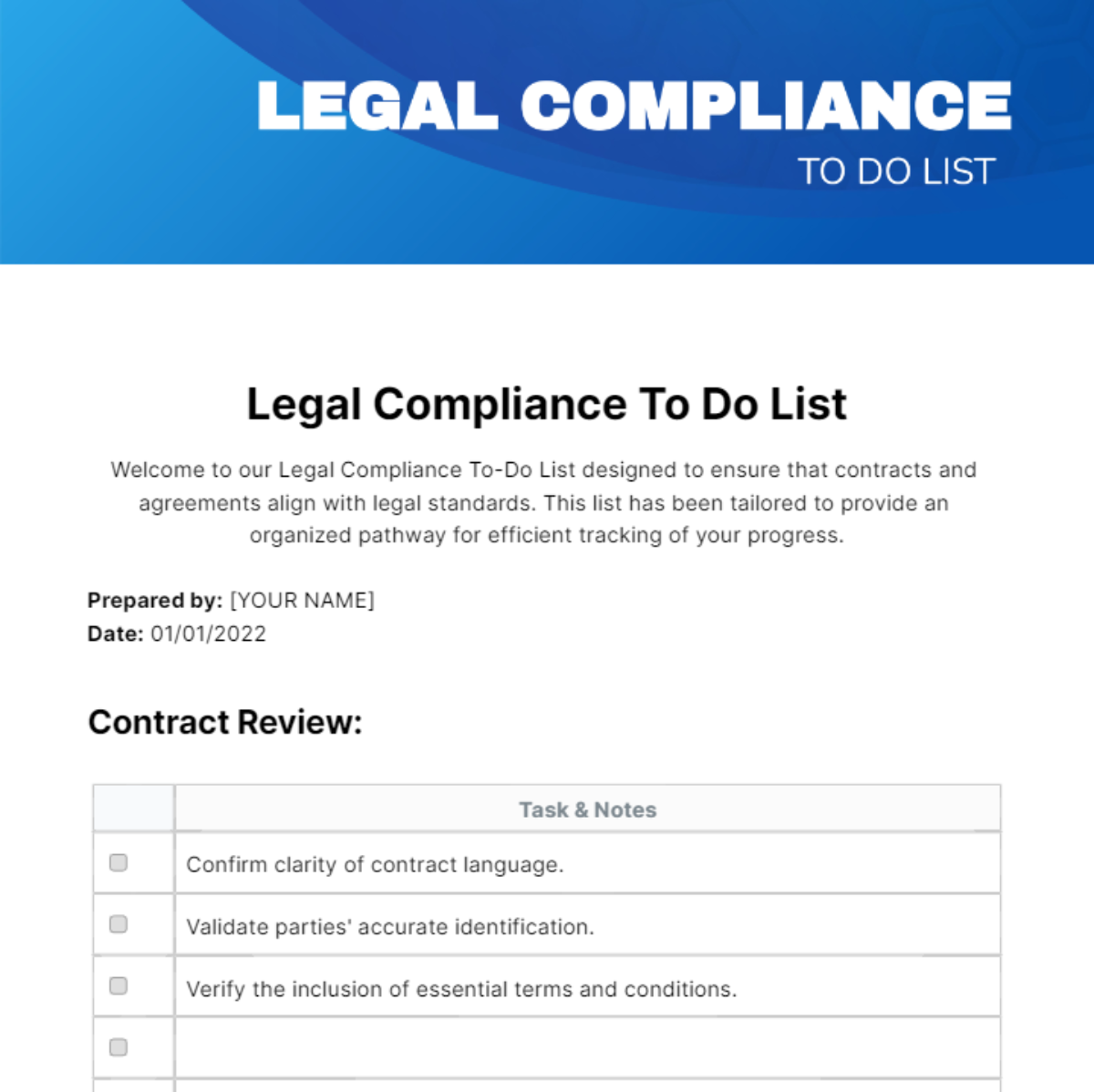 Legal Compliance To Do List Template