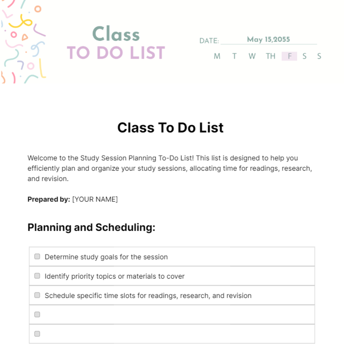 Free Class To Do List Template