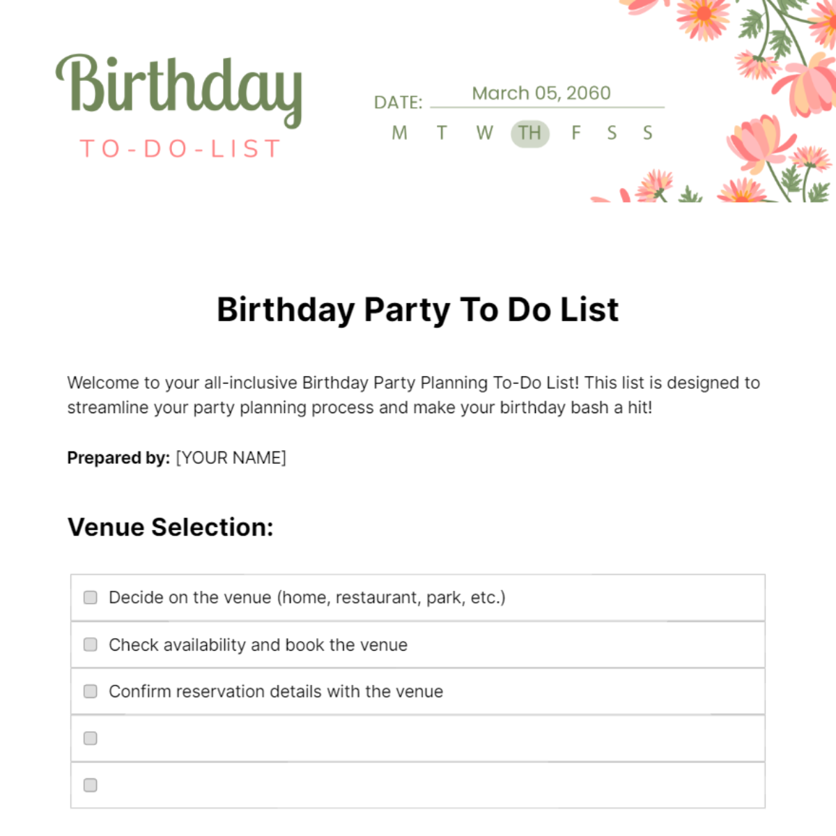 Free Birthday Party To Do List Template