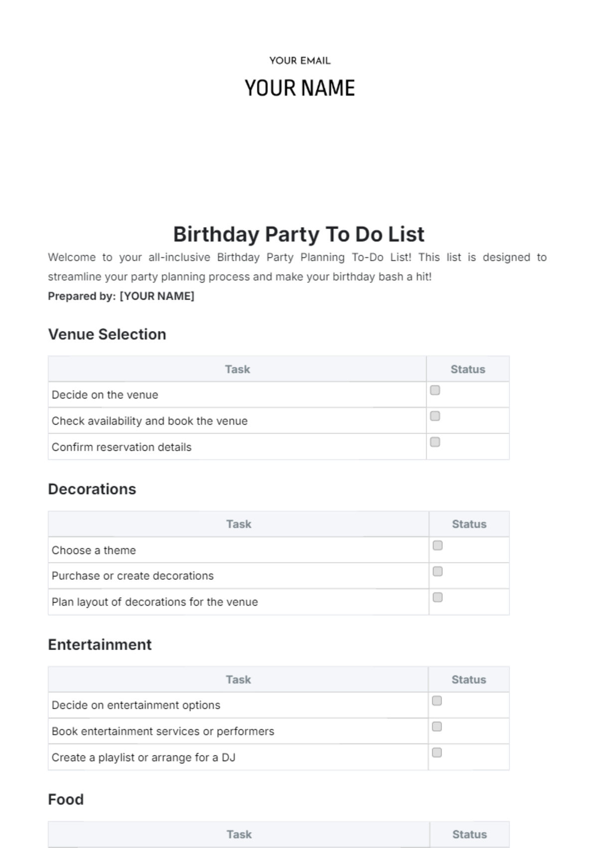 Birthday Party To Do List - Edit Online & Download