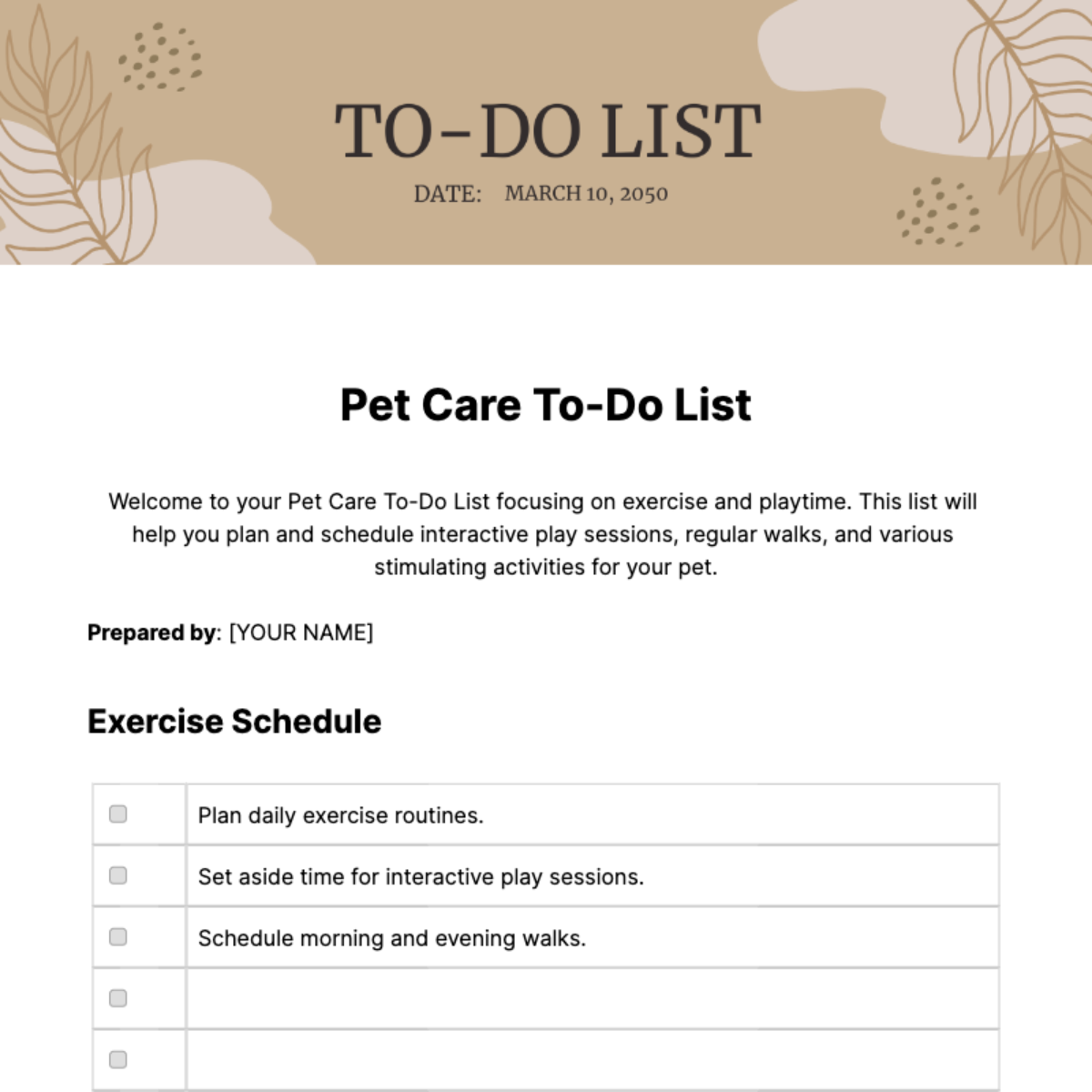 Pet Care To Do List Template